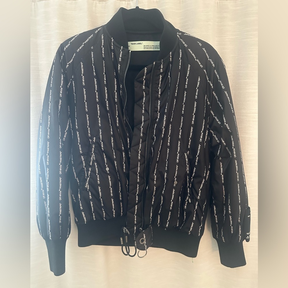 Authentic Rare Off-White Pinstripe Black and White Logo Bomber Jacket